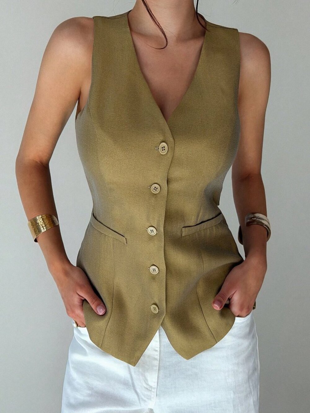 Tan Casual Women's V-Neck Sleeveless Tie-Back Elegant Vest Top